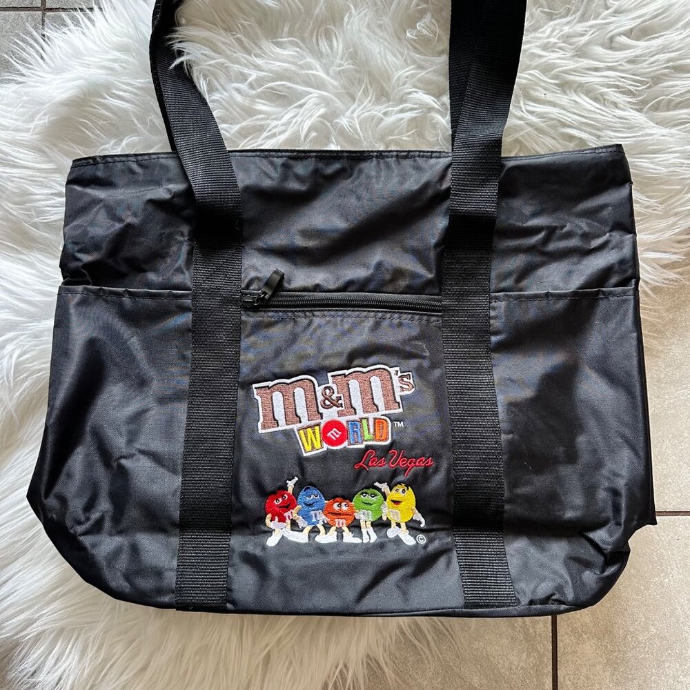 M&M Las Vegas Black Large Embroidered Logo Characters Tote Bag Zippers Nylon